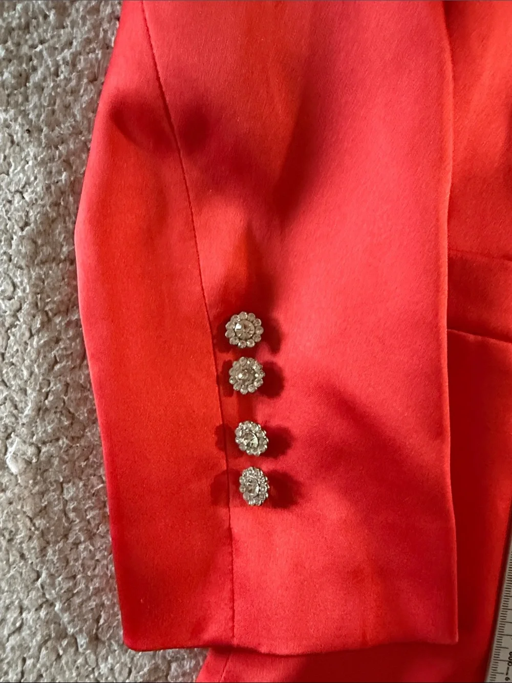Flying Tomato Coral-Red Double-Breasted Blazer with Rhinestone Buttons Small